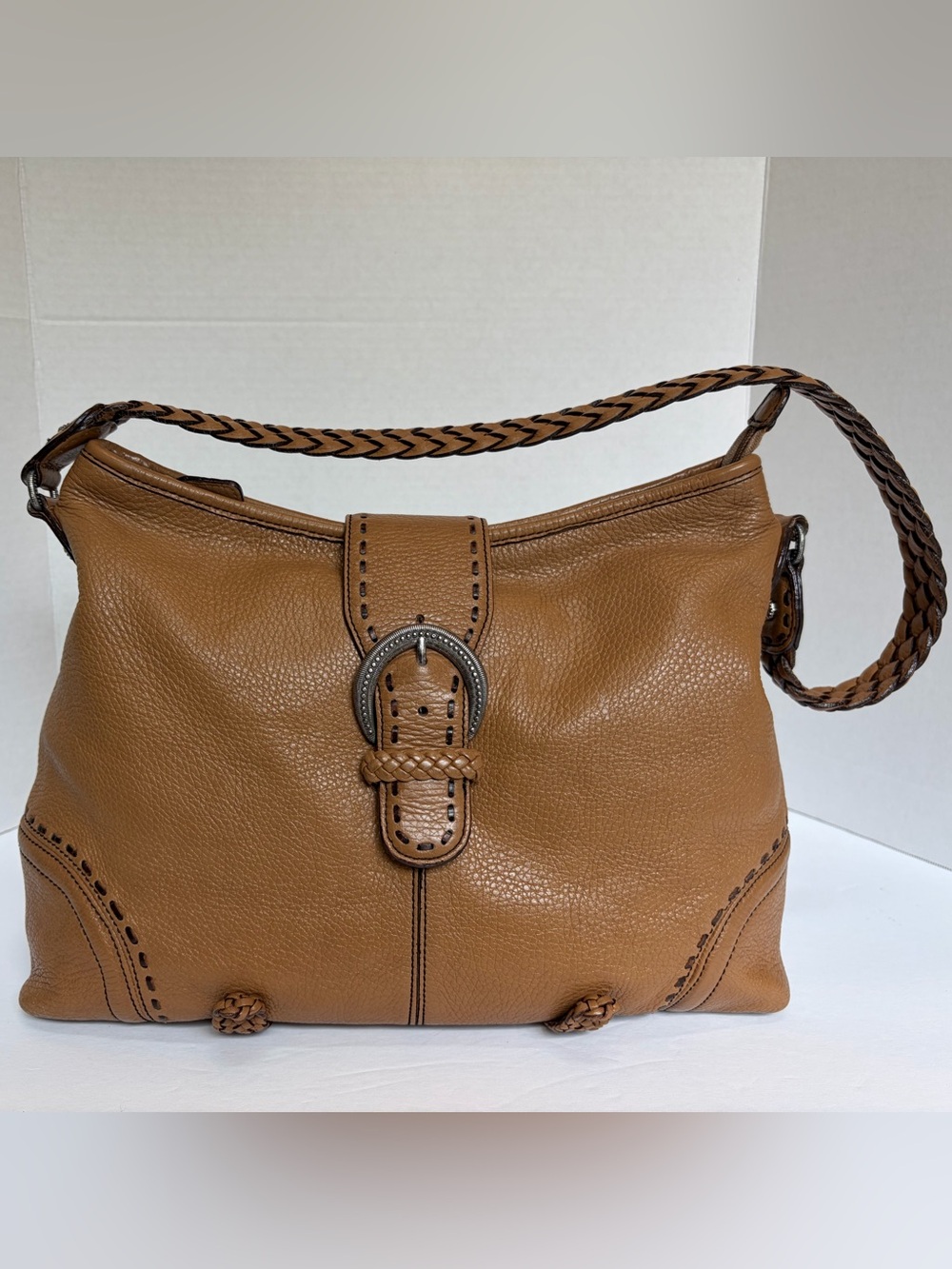 Brighton Tan/Cognac Leather Shoulder Bag and Matching Wallet with Braided Strap